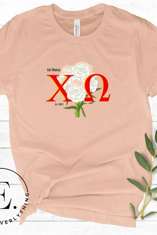 Show off your Chi Omega spirit with our stunning sorority t-shirt design! This shirt is designed with the sorority letters and a beautiful white carnation on a peach shirt. 