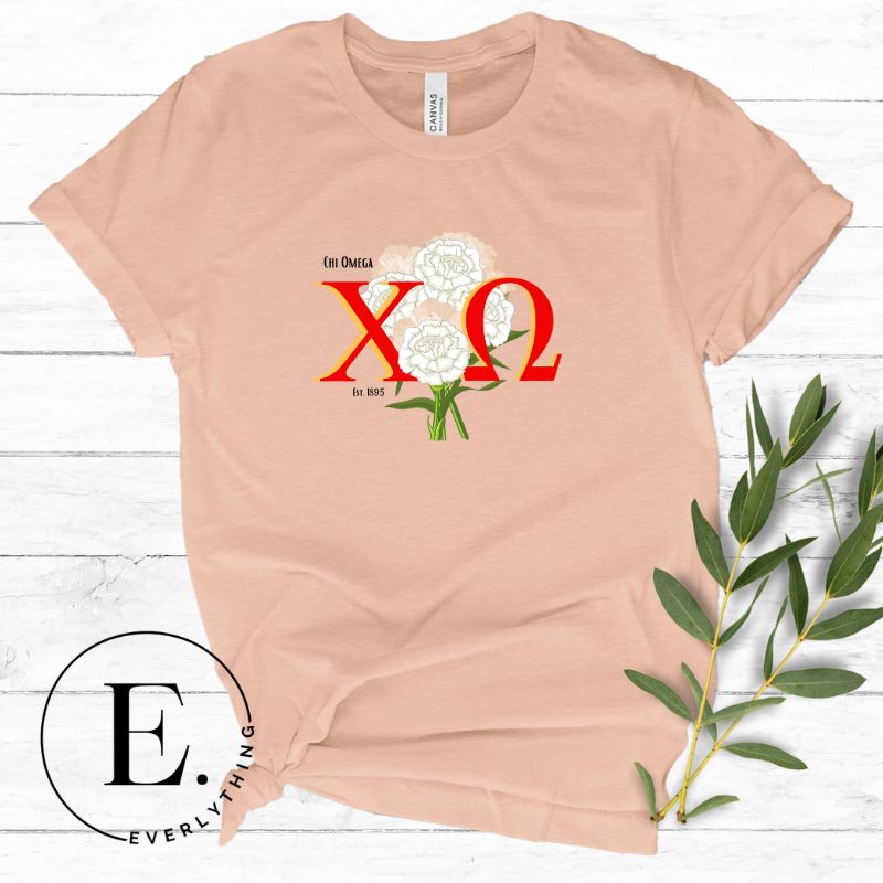 Show off your Chi Omega spirit with our stunning sorority t-shirt design! This shirt is designed with the sorority letters and a beautiful white carnation on a peach shirt. 