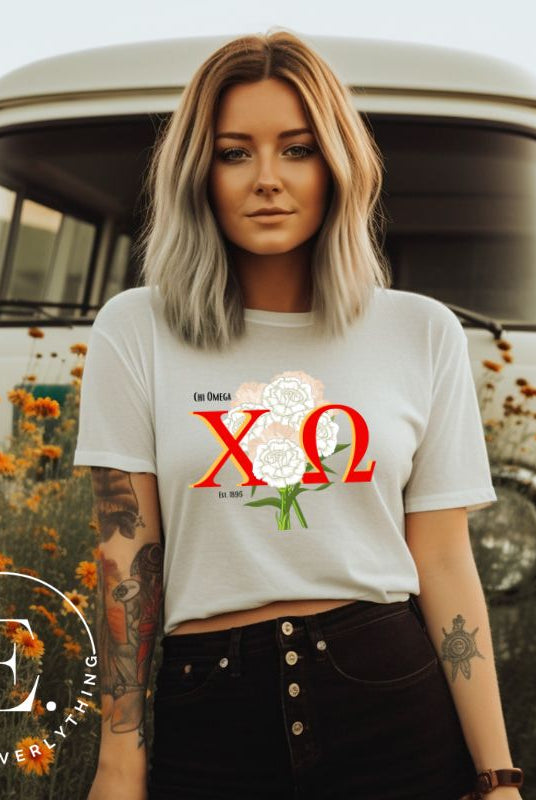Show off your Chi Omega spirit with our stunning sorority t-shirt design! This shirt is designed with the sorority letters and a beautiful white carnation on a white shirt. 