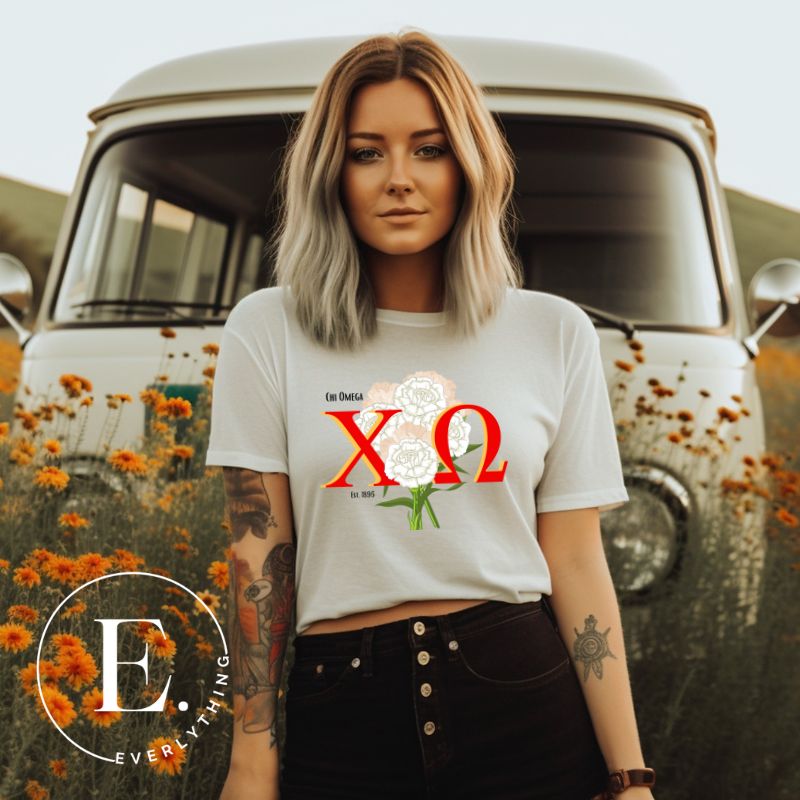 Show off your Chi Omega spirit with our stunning sorority t-shirt design! This shirt is designed with the sorority letters and a beautiful white carnation on a white shirt. 