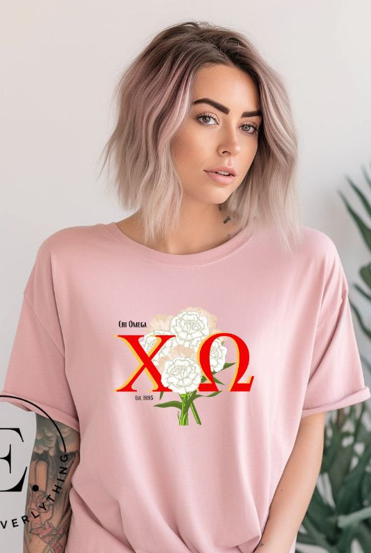 Elevate your Chi Omega spirit with our downloadable PNG sublimation t-shirt design! Featuring the sorority letters and the elegant white carnation on a pink shirt. 