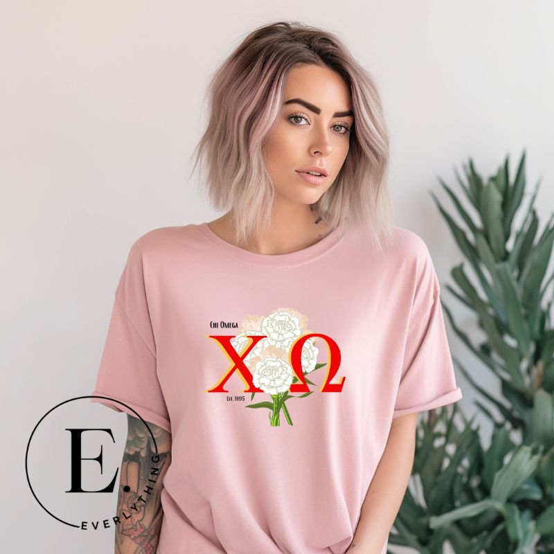 Elevate your Chi Omega spirit with our downloadable PNG sublimation t-shirt design! Featuring the sorority letters and the elegant white carnation on a pink shirt. 