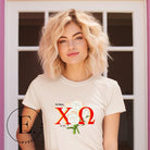 Elevate your Chi Omega spirit with our downloadable PNG sublimation t-shirt design! Featuring the sorority letters and the elegant white carnation on a tan shirt. 