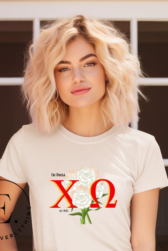 Show off your Chi Omega spirit with our stunning sorority t-shirt design! This shirt is designed with the sorority letters and a beautiful white carnation on a tan shirt. 
