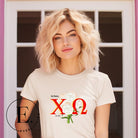 Show off your Chi Omega spirit with our stunning sorority t-shirt design! This shirt is designed with the sorority letters and a beautiful white carnation on a tan shirt. 