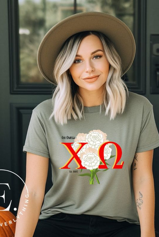 Elevate your Chi Omega spirit with our downloadable PNG sublimation t-shirt design! Featuring the sorority letters and the elegant white carnation on a olive colored shirt. 