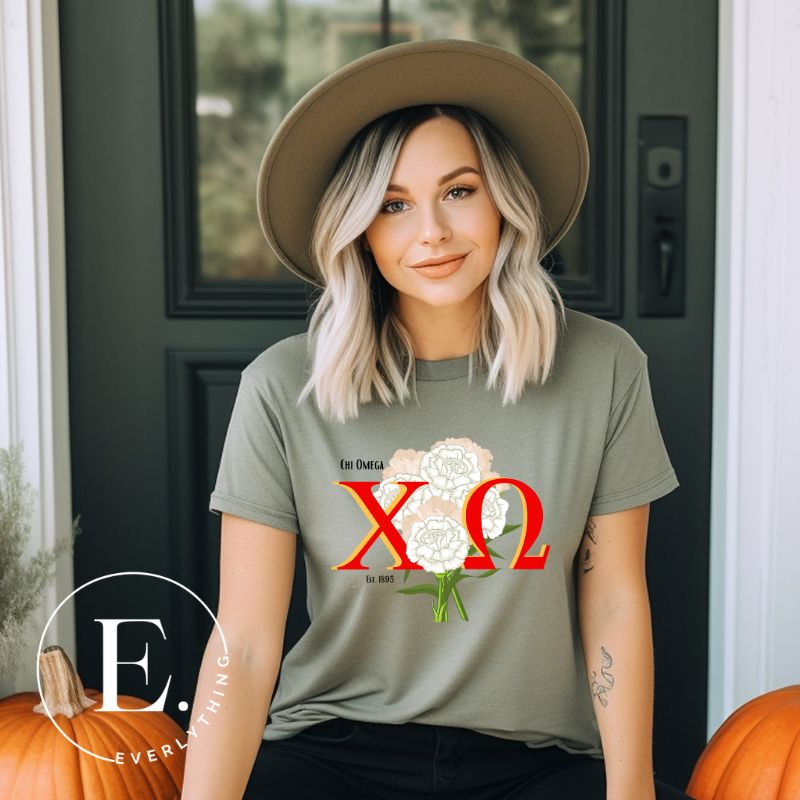 Elevate your Chi Omega spirit with our downloadable PNG sublimation t-shirt design! Featuring the sorority letters and the elegant white carnation on a olive colored shirt. 