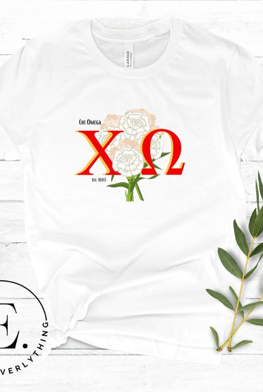 Show off your Chi Omega spirit with our stunning sorority t-shirt design! This shirt is designed with the sorority letters and a beautiful white carnation on a white shirt. 