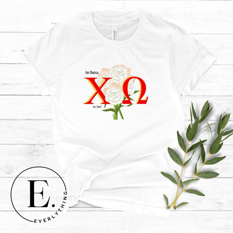 Show off your Chi Omega spirit with our stunning sorority t-shirt design! This shirt is designed with the sorority letters and a beautiful white carnation on a white shirt. 