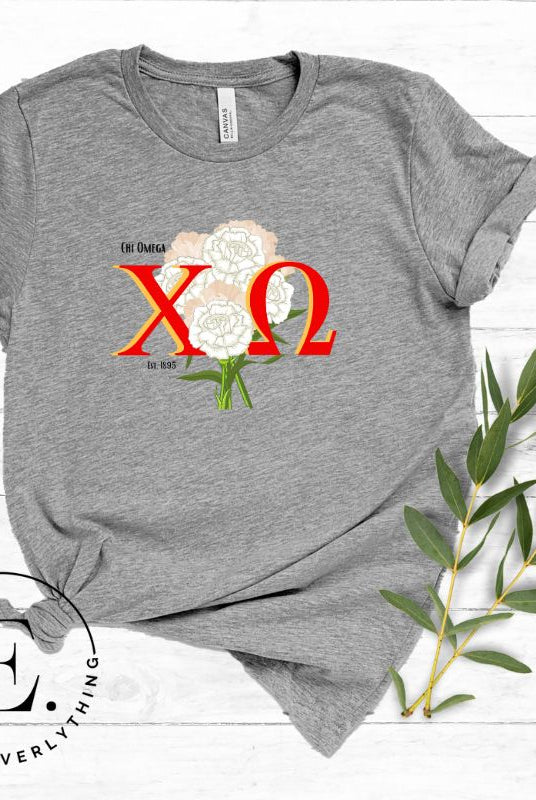 Show off your Chi Omega spirit with our stunning sorority t-shirt design! This shirt is designed with the sorority letters and a beautiful white carnation on a grey shirt. 