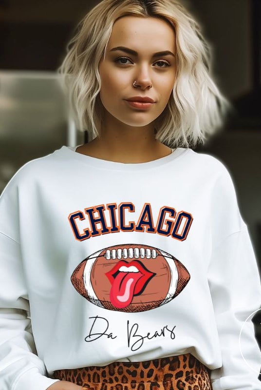 Embrace your Chicago Bears pride with our exclusive sweatshirt featuring the team's name and iconic slogan, "Da Bears." On a white sweatshirt. 