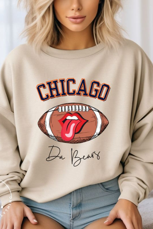 Embrace your Chicago Bears pride with our exclusive sweatshirt featuring the team's name and iconic slogan, "Da Bears." On a sand colored sweatshirt. 