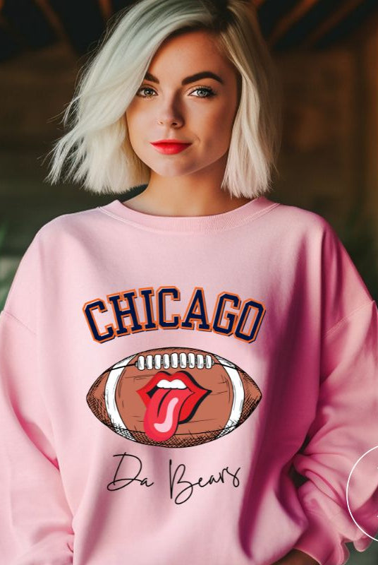 Embrace your Chicago Bears pride with our exclusive sweatshirt featuring the team's name and iconic slogan, "Da Bears." On a pink sweatshirt.