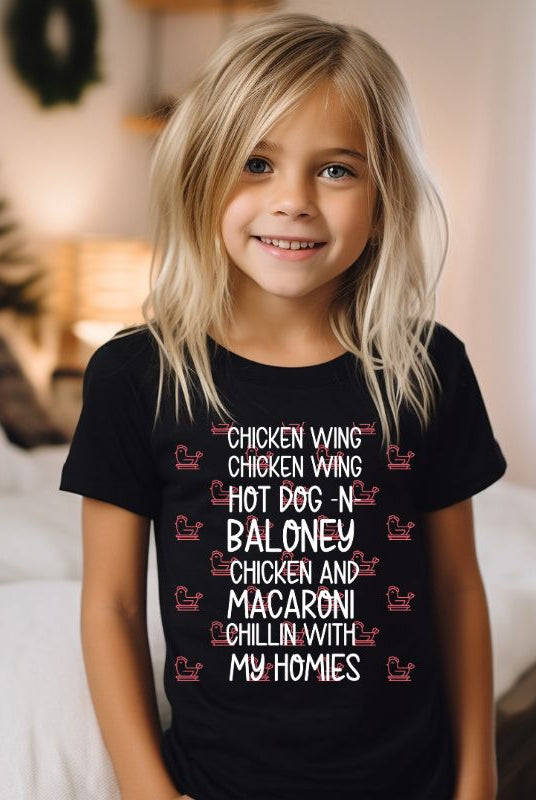 Get ready to groove with our kids' shirt that's all about the chicken wing craze! Featuring the lively lyrics to the popular "chicken Wing, Chicken Wing" song on a black shirt. 