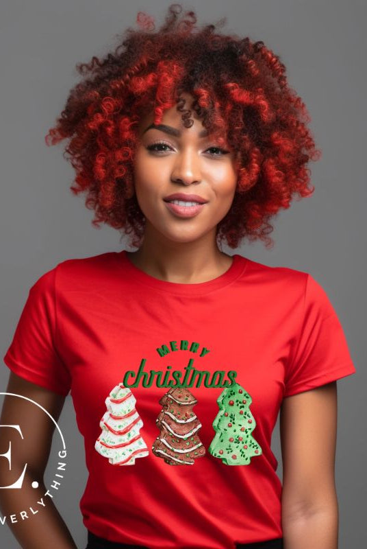 Relive the nostalgia of your childhood with our Christmas shirt that features the beloved classic Christmas tree cookies on a red shirt. 