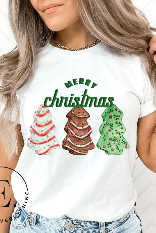 Relive the nostalgia of your childhood with our Christmas shirt that features the beloved classic Christmas tree cookies on a white shirt. 