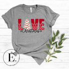 Capture the sweetness of the season with our downloadable Christmas PNG sublimation t-shirt design! The word 'love' is beautifully adorned with a classic Christmas tree cake, adding a delicious touch to your holiday style on a grey colored shirt. 