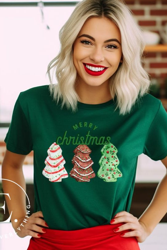 Relive the nostalgia of your childhood with our Christmas shirt that features the beloved classic Christmas tree cookies on a green shirt.