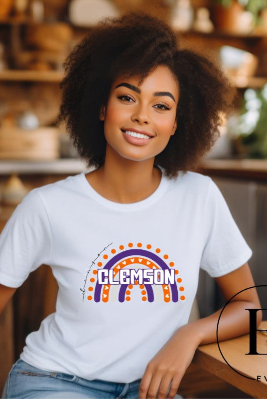 Celebrate your love for Clemson University with our colorful college t-shirt that showcases the beautiful Clemson colors that creates a stunning rainbow backdrop, with the schools name atop a white shirt. 