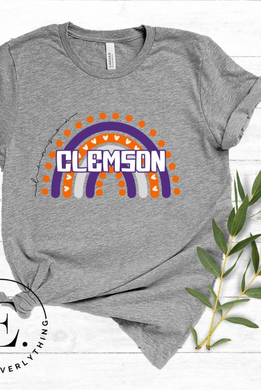 Celebrate your love for Clemson University with our colorful college t-shirt that showcases the beautiful Clemson colors that creates a stunning rainbow backdrop, with the schools name atop on a grey shirt.