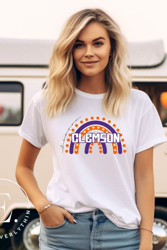 Celebrate your love for Clemson University with our colorful college t-shirt that showcases the beautiful Clemson colors that creates a stunning rainbow backdrop, with the schools name atop on a white shirt. 