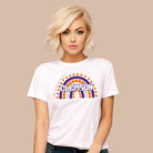 Bella + Canvas 3001 unisex shirt featuring a colorful rainbow design with the word "Clemson" in the center, representing Clemson University on a white graphic tee.