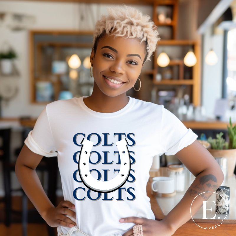 Horseshoe luck meets game day charm! Elevate your Colts pride with our Bella Canvas 3001 unisex tee featuring the spirited mantra "Colts Colts Colts Colts Colts" and a horseshoe illustration on a white shirt. 