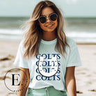 Horseshoe luck meets game day charm! Elevate your Colts pride with our Bella Canvas 3001 unisex tee featuring the spirited mantra "Colts Colts Colts Colts Colts" and a horseshoe illustration on an ice blue shirt. 