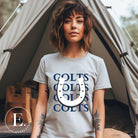 Horseshoe luck meets game day charm! Elevate your Colts pride with our Bella Canvas 3001 unisex tee featuring the spirited mantra "Colts Colts Colts Colts Colts" and a horseshoe illustration on a grey shirt. 