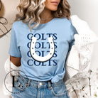 Horseshoe luck meets game day charm! Elevate your Colts pride with our Bella Canvas 3001 unisex tee featuring the spirited mantra "Colts Colts Colts Colts Colts" and a horseshoe illustration on a light blue shirt. 