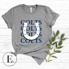 Horseshoe luck meets game day charm! Elevate your Colts pride with our Bella Canvas 3001 unisex tee featuring the spirited mantra "Colts Colts Colts Colts Colts" and a horseshoe illustration on a grey shirt. 