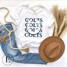 Horseshoe luck meets game day charm! Elevate your Colts pride with our Bella Canvas 3001 unisex tee featuring the spirited mantra "Colts Colts Colts Colts Colts" and a horseshoe illustration on a white shirt. 