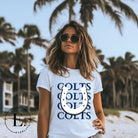 Horseshoe luck meets game day charm! Elevate your Colts pride with our Bella Canvas 3001 unisex tee featuring the spirited mantra "Colts Colts Colts Colts Colts" and a horseshoe illustration on a white shirt. 