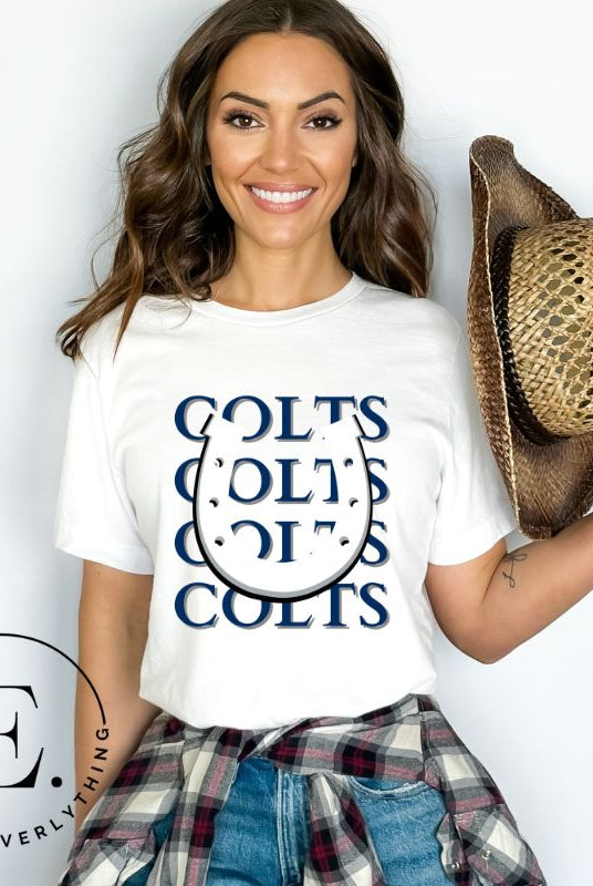 Horseshoe luck meets game day charm! Elevate your Colts pride with our Bella Canvas 3001 unisex tee featuring the spirited mantra "Colts Colts Colts Colts Colts" and a horseshoe illustration on a white shirt. 