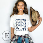 Horseshoe luck meets game day charm! Elevate your Colts pride with our Bella Canvas 3001 unisex tee featuring the spirited mantra "Colts Colts Colts Colts Colts" and a horseshoe illustration on a white shirt. 