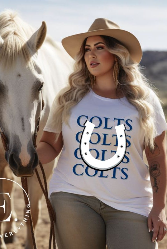 Horseshoe luck meets game day charm! Elevate your Colts pride with our Bella Canvas 3001 unisex tee featuring the spirited mantra "Colts Colts Colts Colts Colts" and a horseshoe illustration on a white shirt. 