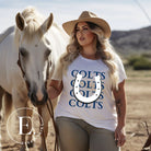 Horseshoe luck meets game day charm! Elevate your Colts pride with our Bella Canvas 3001 unisex tee featuring the spirited mantra "Colts Colts Colts Colts Colts" and a horseshoe illustration on a white shirt. 