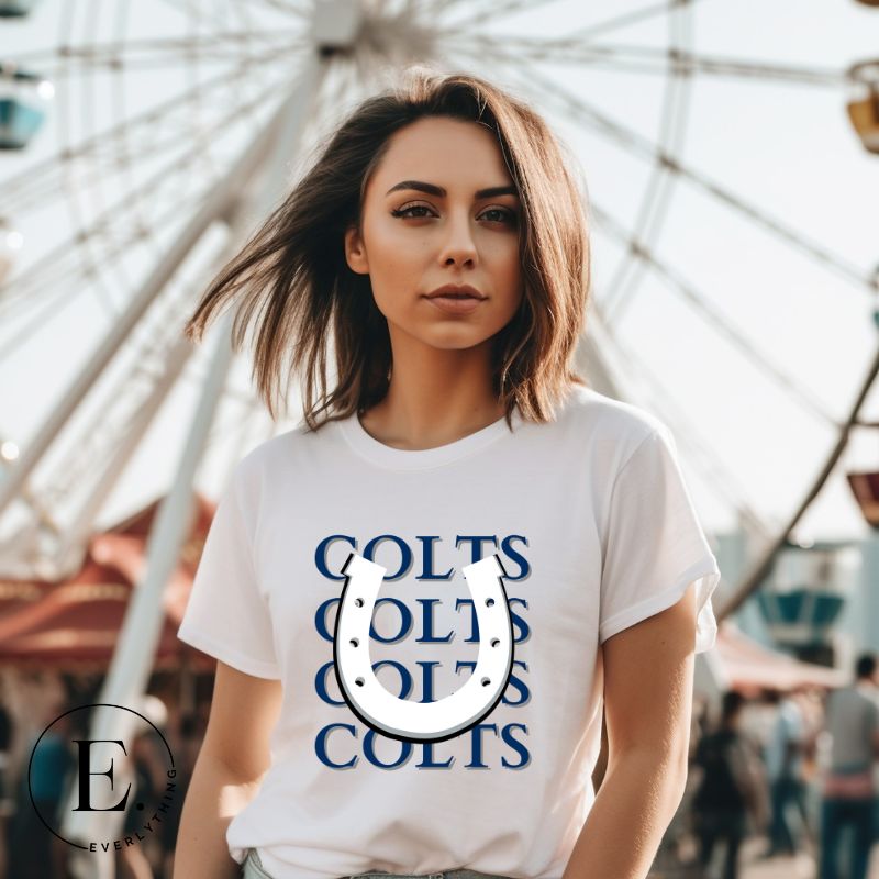 Horseshoe luck meets game day charm! Elevate your Colts pride with our Bella Canvas 3001 unisex tee featuring the spirited mantra "Colts Colts Colts Colts Colts" and a horseshoe illustration on a white shirt. 