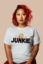 Softball Junkie PNG sublimation digital download design, on a white graphic tee. 