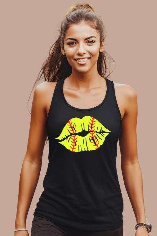 PNG Sublimation Digital Design with of softball lips on a black tank top.