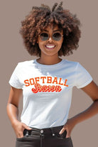 Softball Season Sports Lettering PNG Sublimation Digital Download Design, on a white graphic tee. 