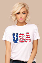 The alt text for the product photo could be: "Graphic tee featuring 'USA' with stars and stripes design, symbolizing the American flag on a white tee - great for celebrating the Fourth of July in style.