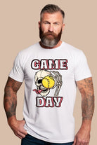 Softball game day skeleton skull holding a softball on a white graphic tee.