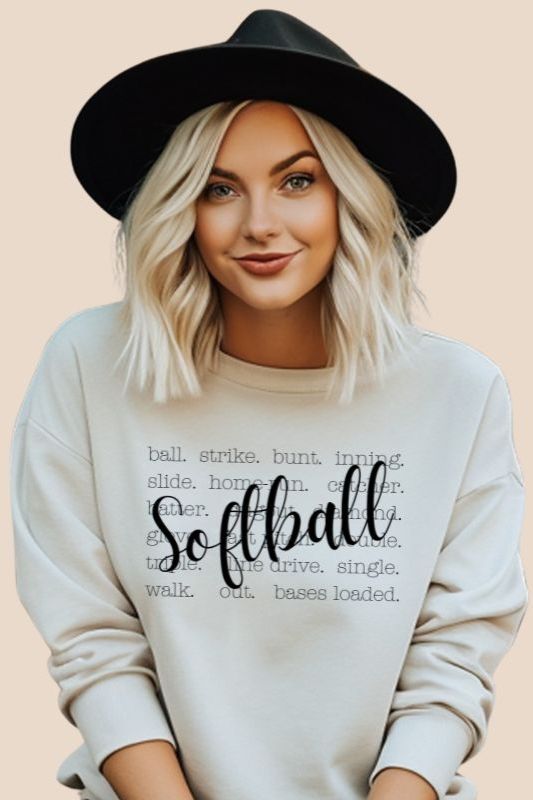 Softball terminology pullover sweatshirt. Graphic on a white sweatshirt.