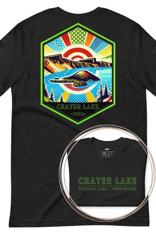 a vibrant design of Crater Lake National Park on the back, showcasing the lake and surrounding mountains in colorful hues, with the text "Crater Lake National Park | Oregon 1902" on the front.