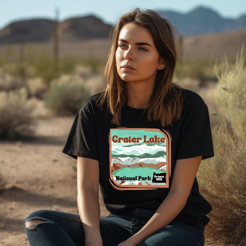 a colorful graphic of Crater Lake National Park, featuring mountains, water, and the text "Crater Lake National Park Oregon 1902 on a black shirt. 