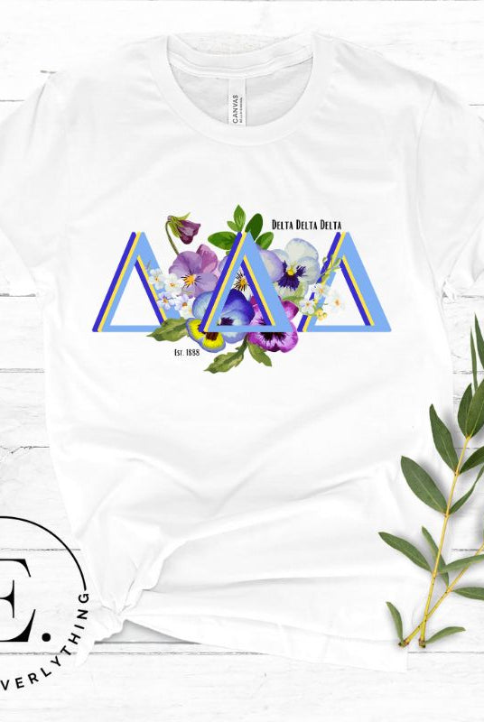 Flaunt your Delta Delta Delta sisterhood with our downloadable PNG sublimation t-shirt design! Featuring the sorority letters and the beautiful pansy on a white shirt. 