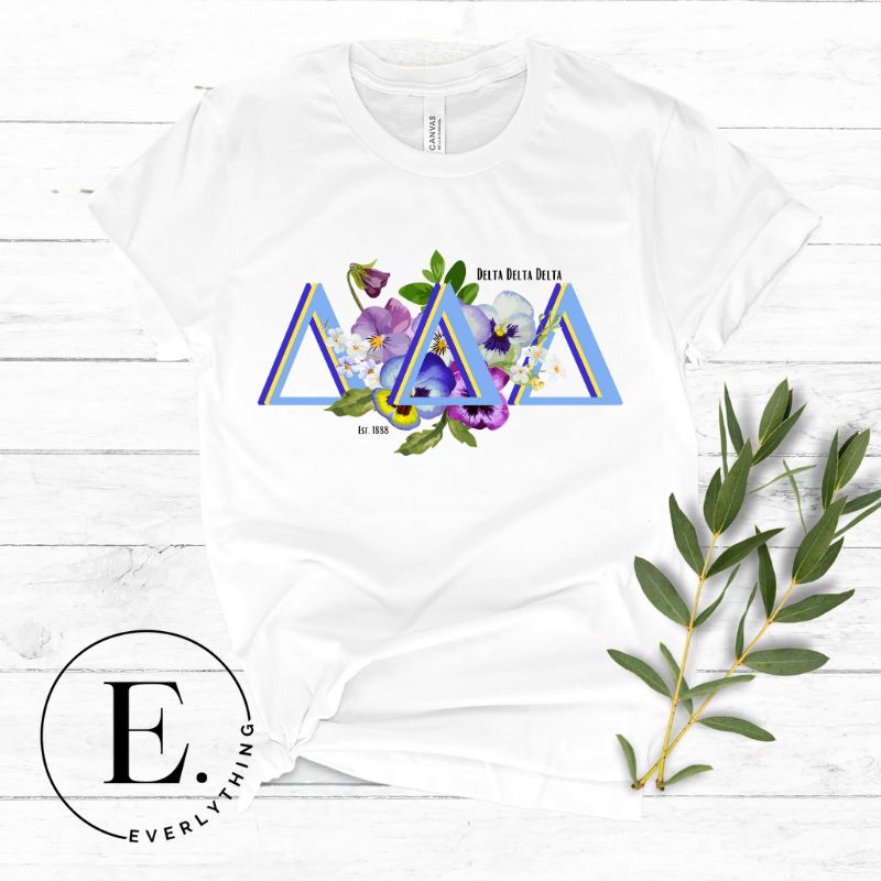 Flaunt your Delta Delta Delta sisterhood with our downloadable PNG sublimation t-shirt design! Featuring the sorority letters and the beautiful pansy on a white shirt. 