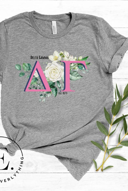 Display your Delta Gamma pride with our sorority t-shirt design! Featuring the sorority letters and the exquisite cream rose on a grey shirt. 