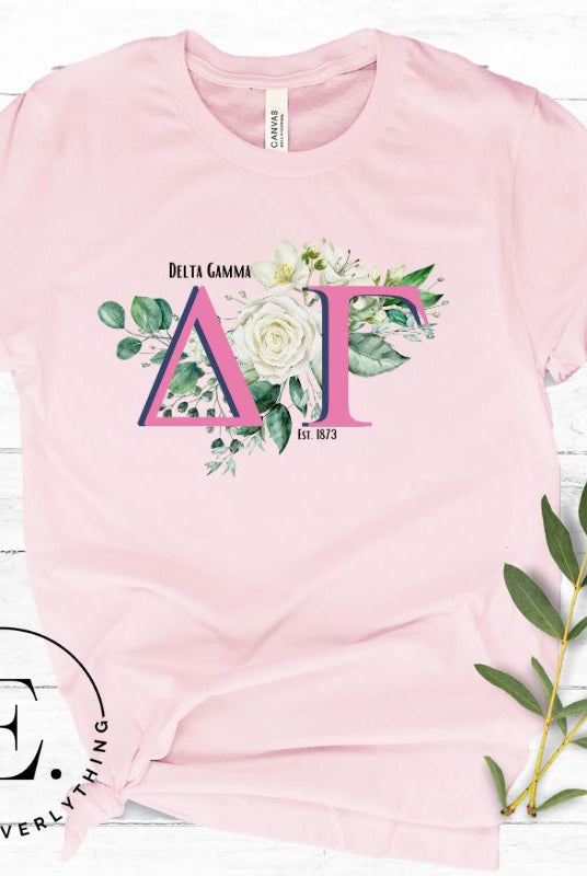 Display your Delta Gamma pride with our downloadable PNG Sublimation t-shirt design! Featuring the sorority letters and the exquisite cream-colored rose on a pink shirt